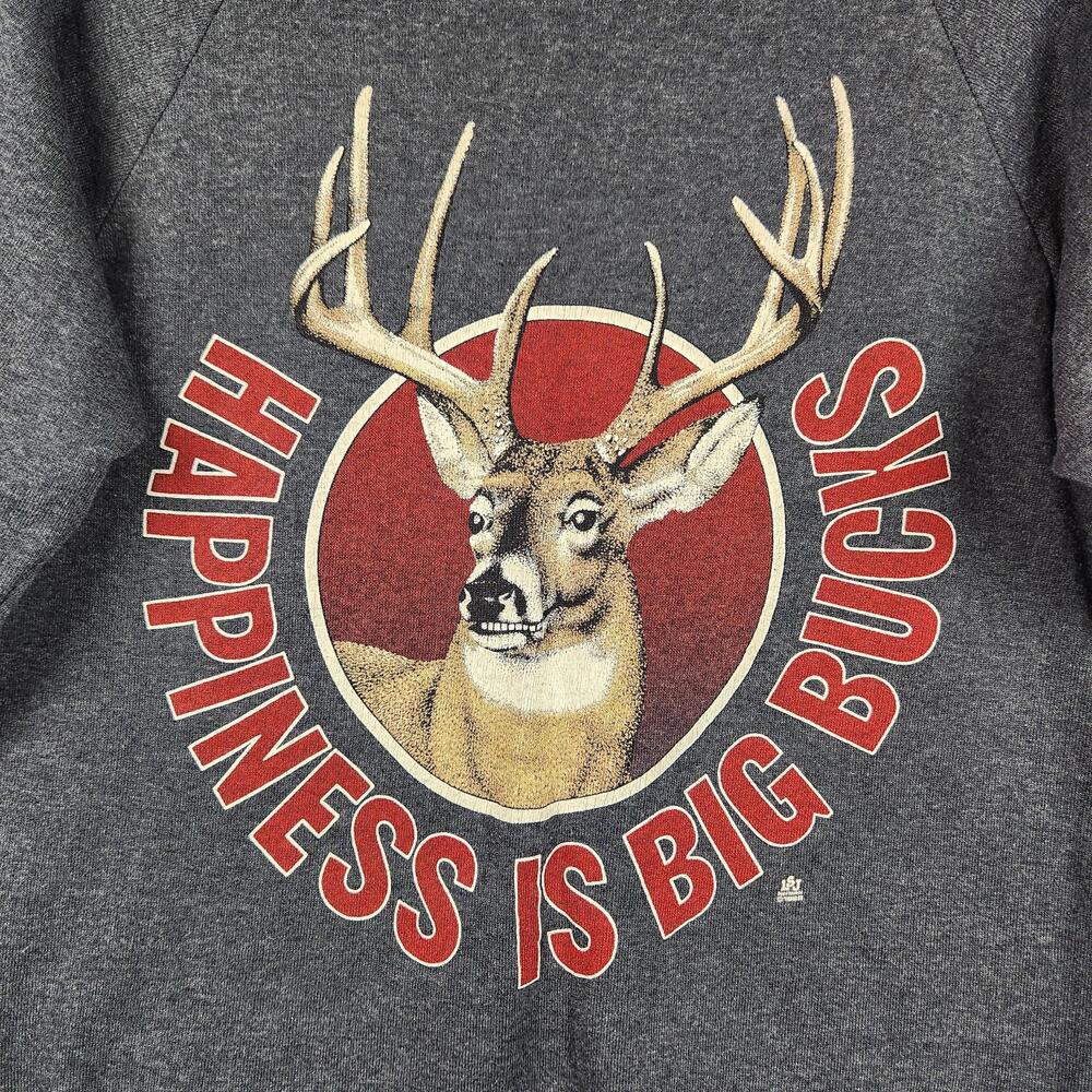 Vintage Hunting Sweatshirt Mens Medium Gray Happiness Is Big Bucks Logo Deer 80s